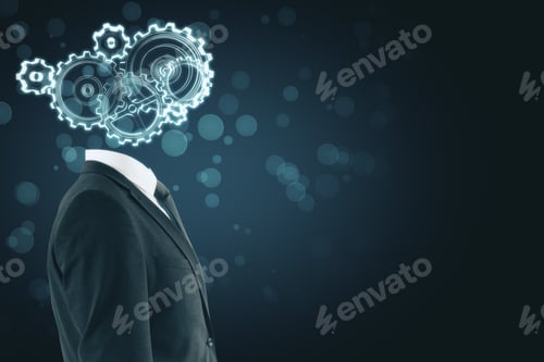 Preview: Cogwheel Headed Businessman On Blurry Blue Background With Copy Space. Artificial Intelligence