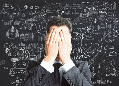 Preview: Businessman Covering Face With Hands On Business Sketch Background. Risk Concept