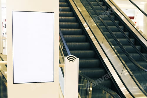 Preview: Close Up Of Blank Banner In Interior With Escalator. Mock Up. Toned Image