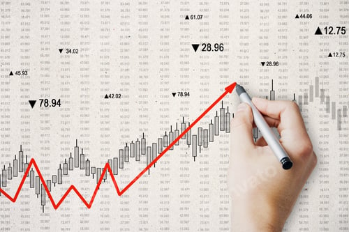 Preview: Hand Drawing Creative Upward Red Chart Arrow On Subtle Background. Increase And Forex Concept