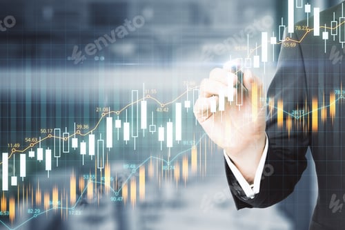 Preview: Businessman Hand Drawing Glowing Stock Charts Interface On Virtual Screen. Trade And Finance