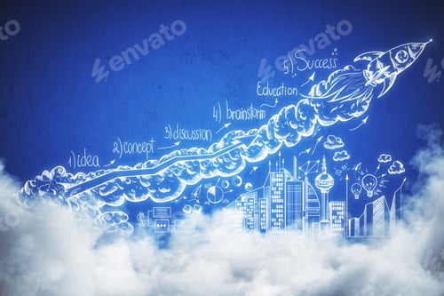 Preview: Abstract Rocket Business Sketch On Blue Background With Cloud. Start Up And Plan Concept