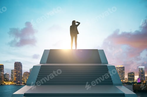 Preview: Back View Of Young European Businesswoman Standing On Top Of Stairs On Bright City Background With