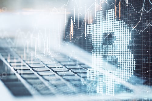 Preview: Laptop Computer On Desktop With Bitcoin Symbol And Forex Chart. Cryptocurrency And Payment Concept