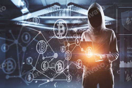 Preview: No Face Hacker Working On Laptop With Blockchain Digital Cyberspace Interface Around