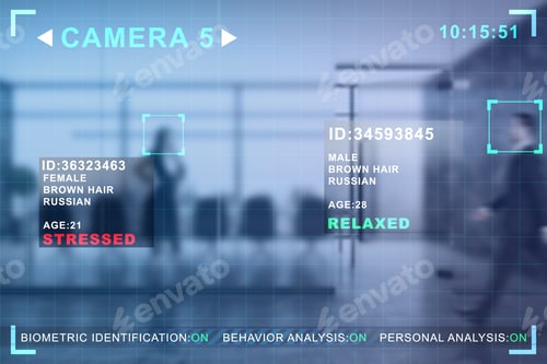 Preview: Abstract Image Of Businesspeople In Blurry Office Interior With Camera Cctv Facial Recognition