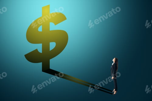 Preview: Businesswoman Looking At Dollar Shadow On Blue Background. Money And Trade Concept