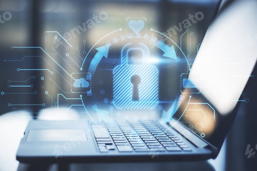 Preview: Close Up Of Notebook On Desktop With Abstract Glowing Blue Padlock Hologram On Blurry Background