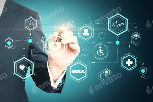 Preview: Businessman Hand Drawing Creative Glowing Medical Interface Hud Hologram. Medicine And Science