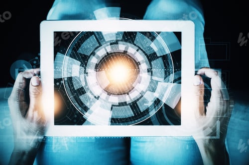 Preview: Woman Using Tablet Computer With Digital Business Hologram. Futuristic Concept. Double Exposure