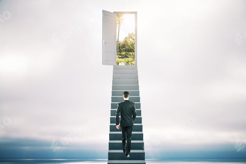 Preview: Businessman Walking On Ladder To Open Door On Blue Sky View Background. Leadership And Success