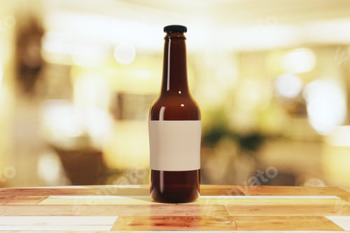 Preview: Brown Beer Bottle On Wooden Table Outdoor, Mock Up