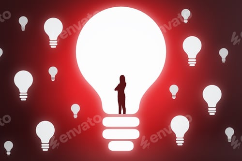 Preview: Creative Businesswoman Outline With Light Bulb On Red Background With Bright Mock Up Place. Idea