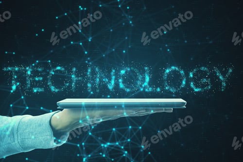 Preview: Ai And Technology Concept. Side View Of Hand Holding Tablet With Creative Glowing Polygonal Text On