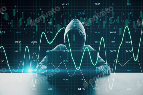 Preview: Haker At Desktop Using Laptop With Creative Business Chart. Trade And Malware Concept. Double