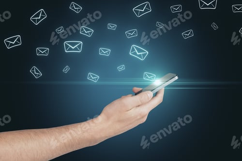 Preview: Hand Holding Smartphone With Glowing Email Network. E-Mail Marketing, Message And Communication