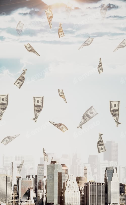 Preview: Abstrat Dollar Bill Rain In City With Sunlight. Cash Concept