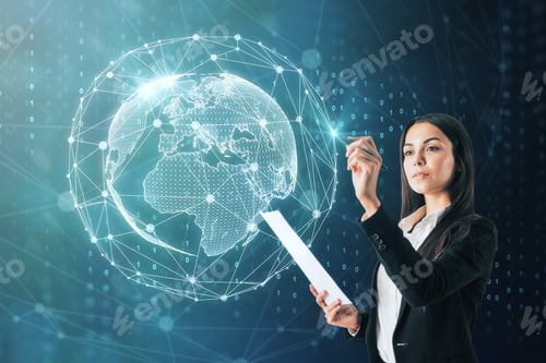 Preview: Businesswoman With Polygonal Globe Standing On Blurry Blue Background. Global Business And Media