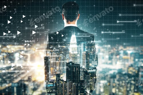 Preview: Back View Of Young Businessman On Bright Night Kuala Lumpur City Background With Big Data