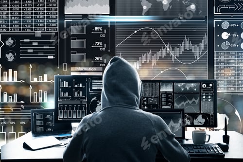 Preview: Malware And Theft Concept. Back View Of Hacker At Desktop Using Laptop With Digital Business