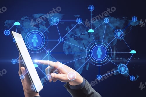 Preview: Close Up Of Hands Using Smartphone With Abstract Social Network Hologram On Blue Background