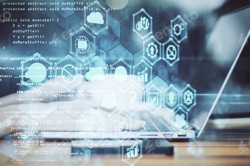 Preview: Hand Using Laptop With Business Analytics Diagram And Programming Backdrop. Team And Device