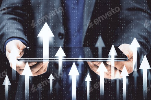 Preview: Businessman Holding Digital Tablet And Growth Business Arrows. Trade And Growth Concept.