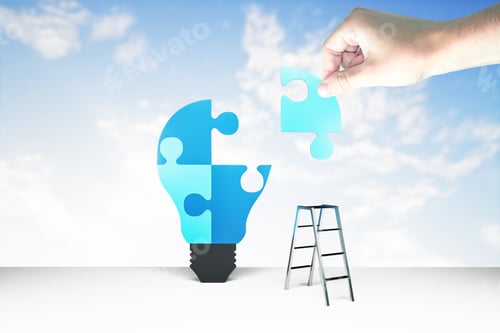Preview: Hand Assembling Abstract Light Bulb Puzzle With Ladder On Sky And Clouds Background. Success And