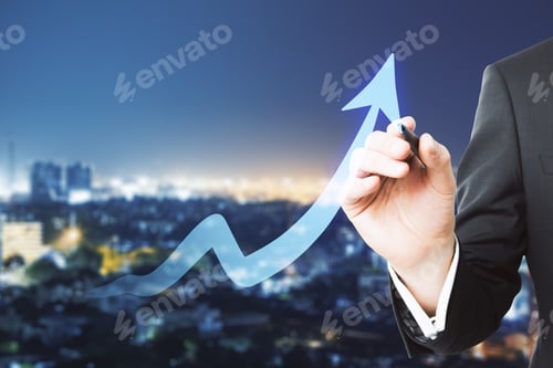 Preview: Close Up Of Business Man Hand Drawing Glowing Upward Digital Arrow On Blurry Night City Background