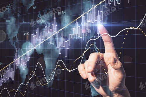 Preview: Hand Using Candlestick Chart With Digital World Map Hologram. Global And Invest Concept.