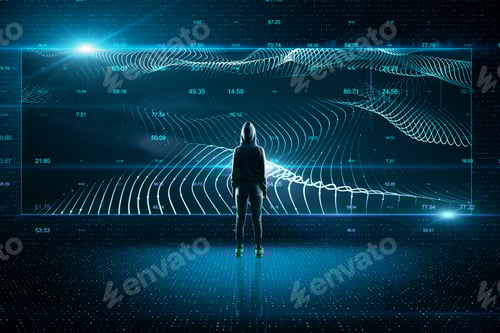 Preview: Hacker Using Glowing Big Data Interface. Technology And Communication Concept.