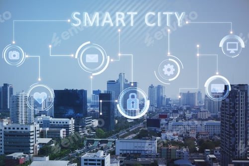Preview: Creative Glowing Smart City Wallpaper With Interface And Downtown. Technology, Innovation And