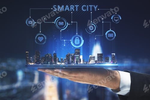 Preview: Close Up Of Businessman Hand Holding Tablet With Creative Glowing Smart City Hologram With