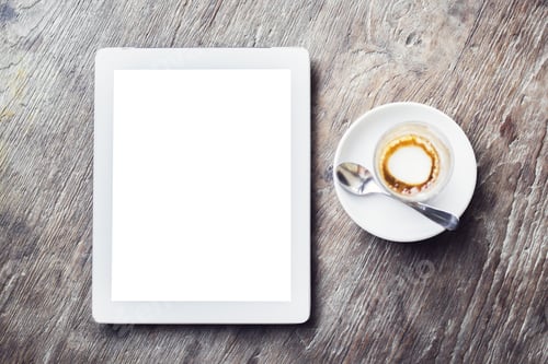 Preview: Blank Digital Tablet With Cup Of Coffee On A Wooden Table, Mock Up