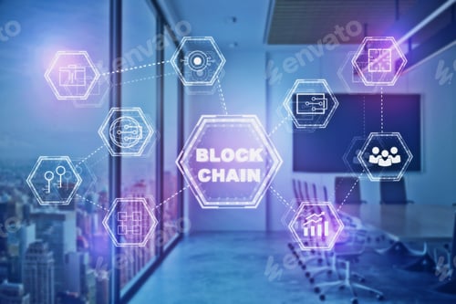 Preview: Abstract Conference Room With Block Chain Hologram. Infograph Concept. Double Exposure