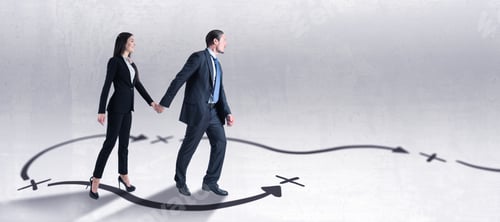Preview: Young European Businesspeople With Arrows On Concrete Background With Mockup Place. Success
