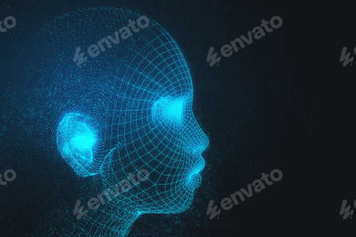 Preview: Abstract Polygonal Head In Space. Cyberspace And Science Concept. Double Exposure