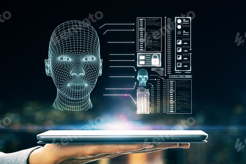 Preview: Close Up Of Hands Using Tablet With Abstract Glowing Head Outline Interface On Blurry Night City