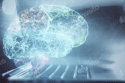 Preview: Laptop Computer With Abstract Glowing Brain Hologram. Artificial Intelligence And Innovation