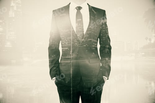Preview: Body In Suit And Tie On Abstract City Background With Daylight. Double Exposure