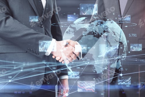 Preview: Businessmen Shaking Hands With Creative Glowing Globe Hologram With Forex Charts And Graphs On