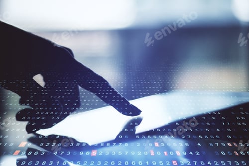 Preview: Hand Using Digital Tablet At Desktop And Binary Cod Background. Technology, Communication And