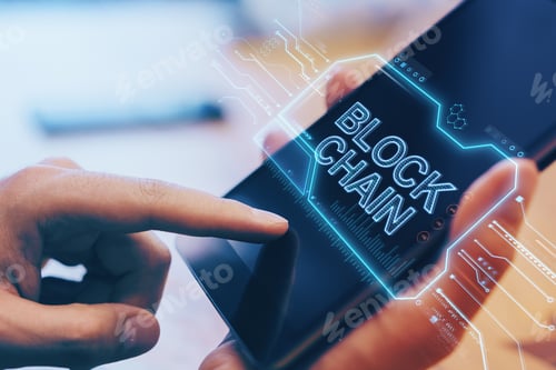 Preview: Close Up Of Hand Using Digital Tablet With Creative Blockchain Hologram On Blurry Wooden Office