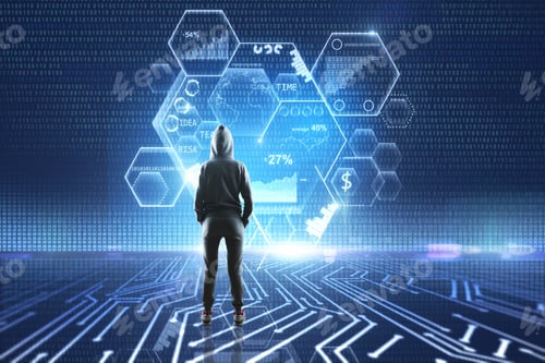 Preview: Cybercrime, Hacking And Technology Crime Concept. Back View Hacker In Blue Room With Digital