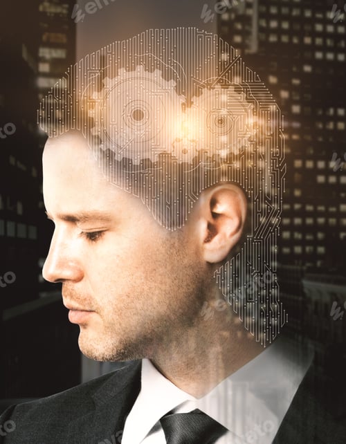 Preview: Businessman With Abstract Mesh Head And Cogwheels On Night City Background. Think Concept. Double