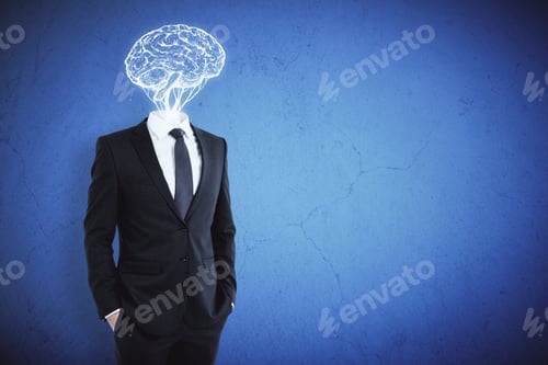 Preview: Brain Headed Businessman On Blue Concrete Wall Background. Brainstorm And Success Concept
