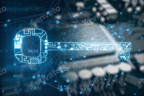 Preview: Glowing Circuit Key And World Map Interface. Safety And Security Concept. 3D Rendering