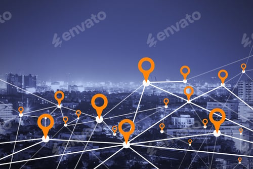 Preview: Creative Dawn City And Sky Backdrop With Digital Map Pointer Connections And Mock Up Place For Your