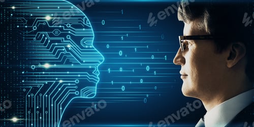 Preview: Side Portrait Of Attractive Young European Businessman With Digital Head Outline, Circuit And