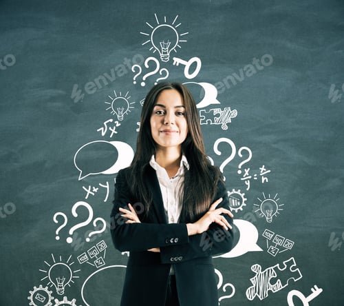 Preview: Success And Market Concept. Attractive Young European Businesswoman With Creative Business Sketch